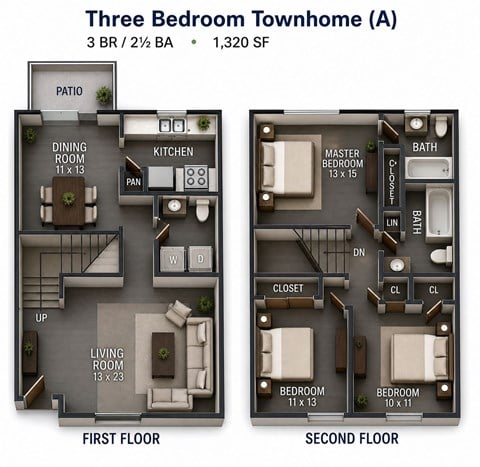 Floor plan for 3 beds, 2.5 baths, 1320 sqft